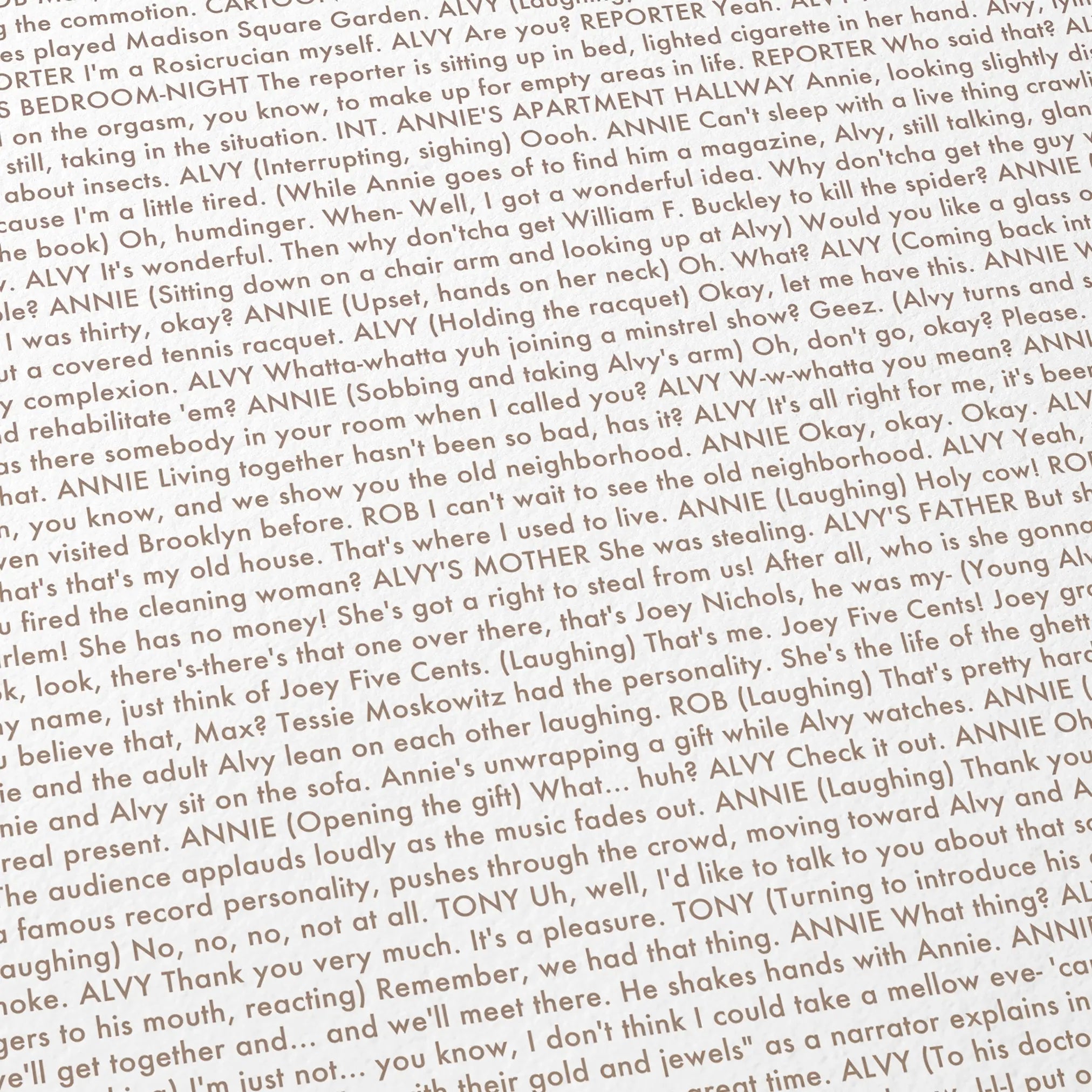 Close-up detail of the Annie Hall movie script poster showing dense typographic text.