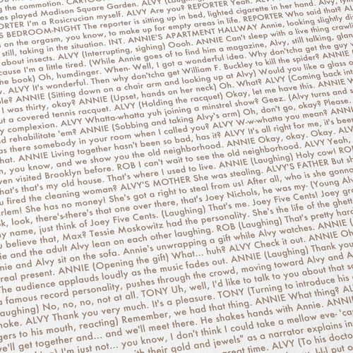 Close-up detail of the Annie Hall movie script poster showing dense typographic text.