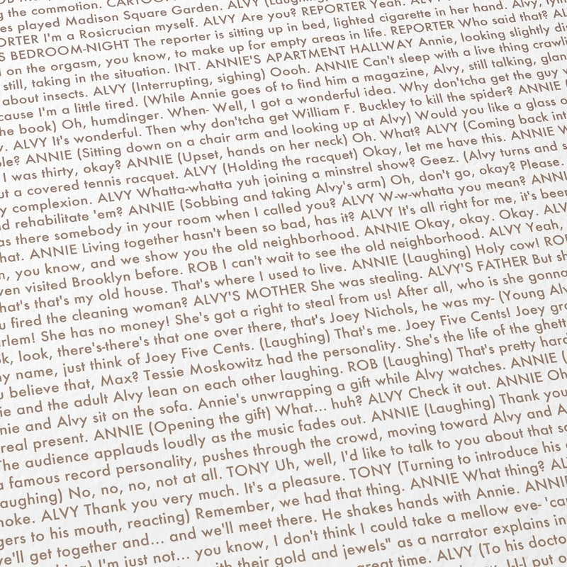 Close-up detail of the Annie Hall movie script poster showing dense typographic text.