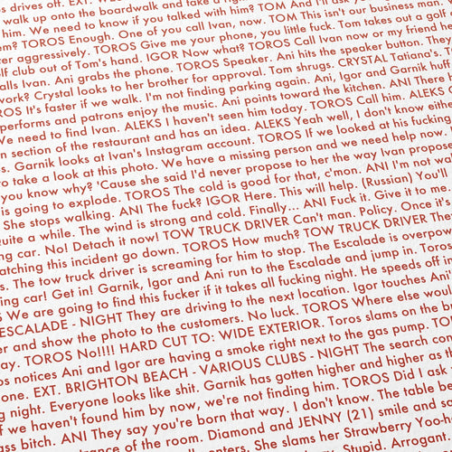 Close-up detail of the Anora movie script poster showing dense typographic text.