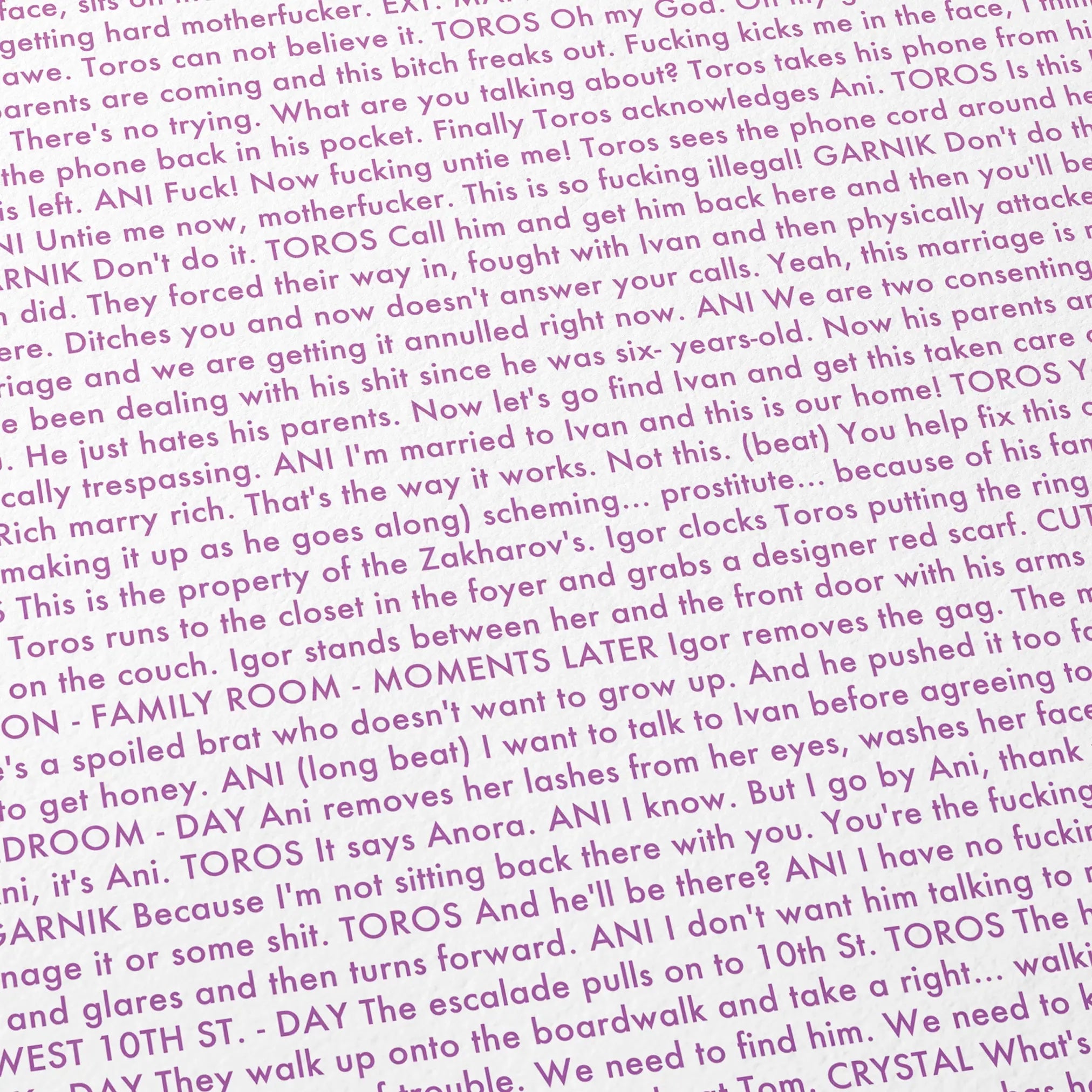 Close-up detail of the Anora movie script poster showing dense typographic text.