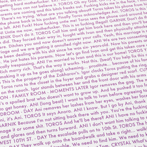 Close-up detail of the Anora movie script poster showing dense typographic text.