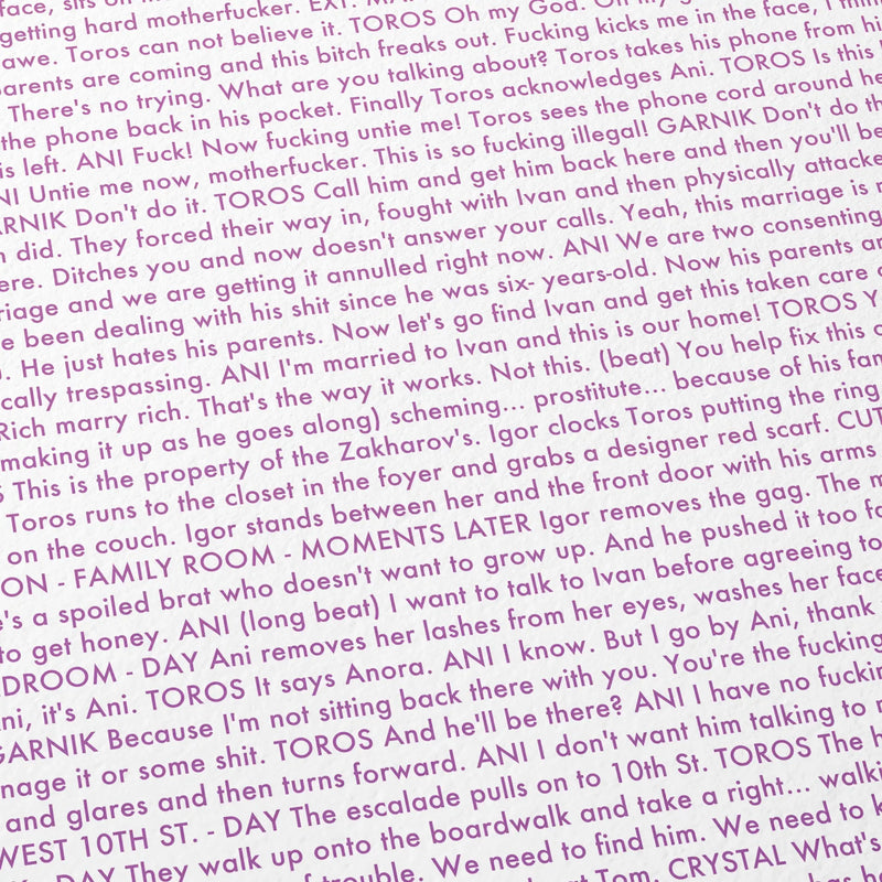 Close-up detail of the Anora movie script poster showing dense typographic text.