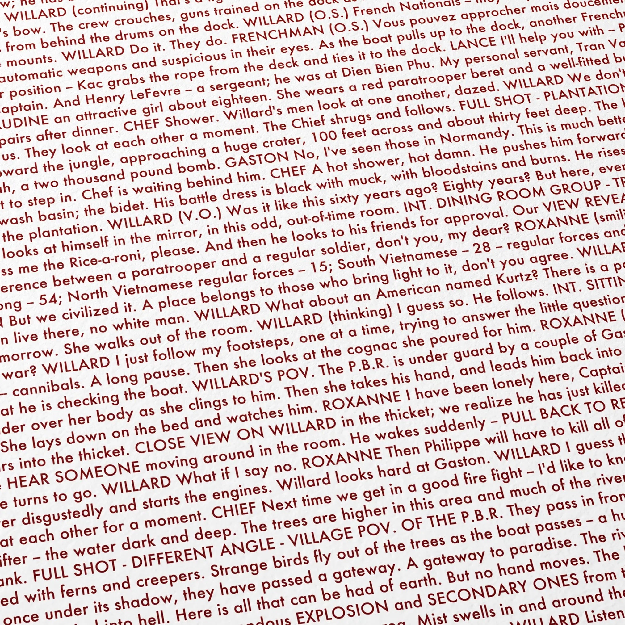 Close-up detail of the Apocalypse Now movie script poster showing dense typographic text.