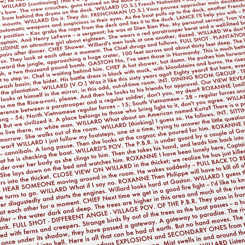 Close-up detail of the Apocalypse Now movie script poster showing dense typographic text.