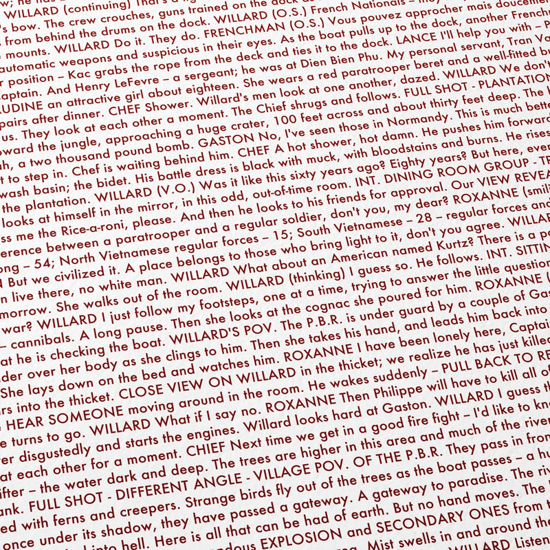 Close-up detail of the Apocalypse Now movie script poster showing dense typographic text.