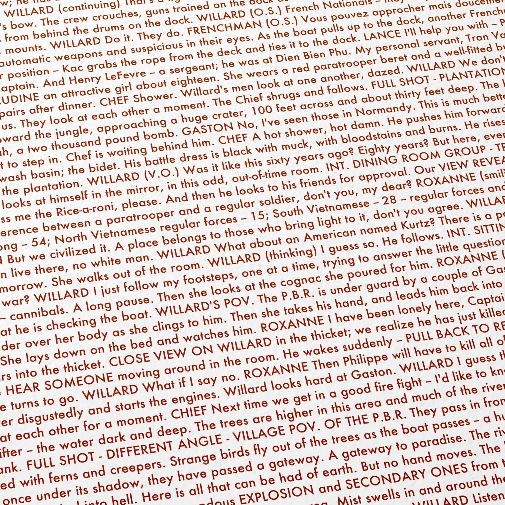 Close-up detail of the Apocalypse Now movie script poster showing dense typographic text.