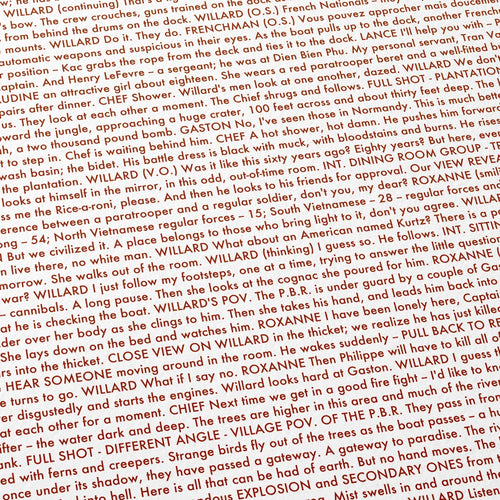 Close-up detail of the Apocalypse Now movie script poster showing dense typographic text.