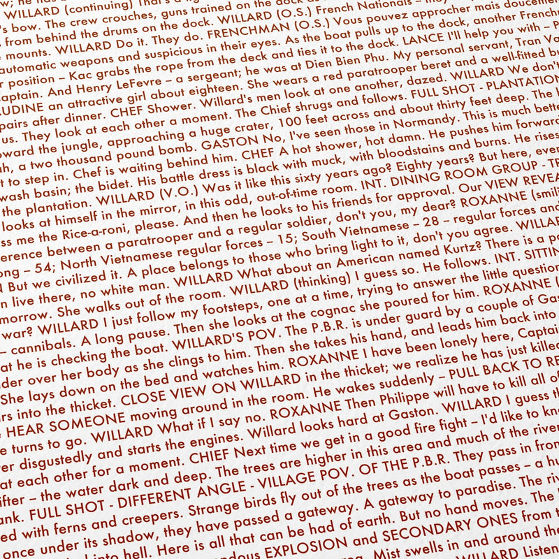 Close-up detail of the Apocalypse Now movie script poster showing dense typographic text.