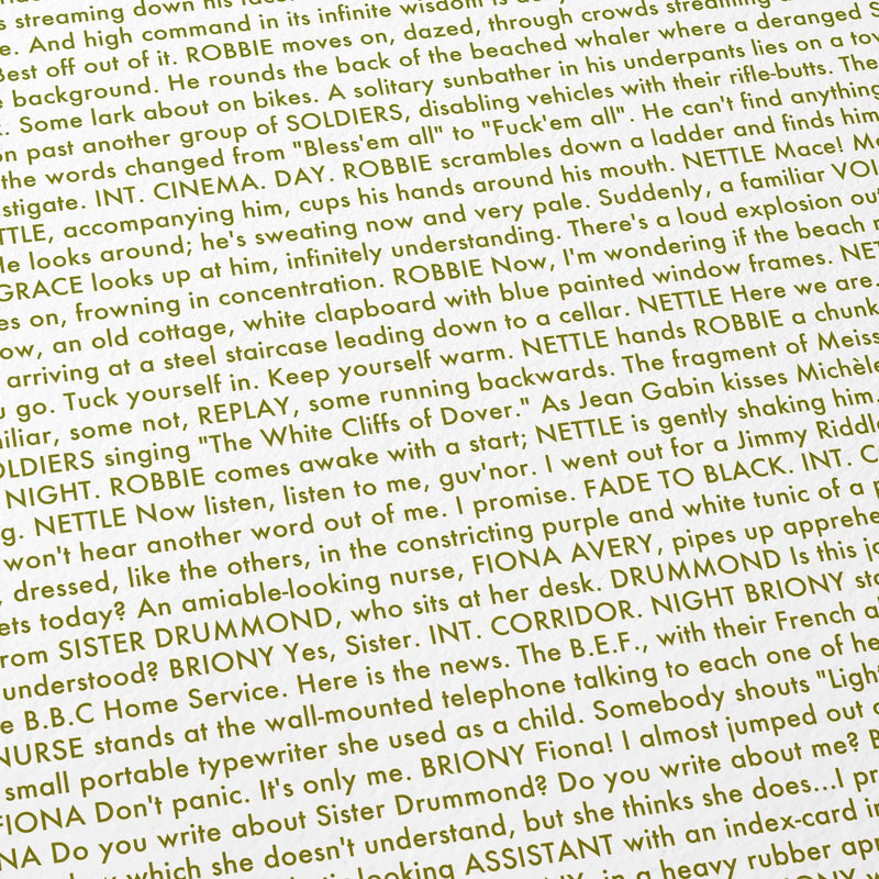 Close-up detail of the Atonement movie script poster showing dense typographic text.