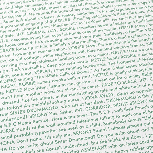 Close-up detail of the Atonement movie script poster showing dense typographic text.