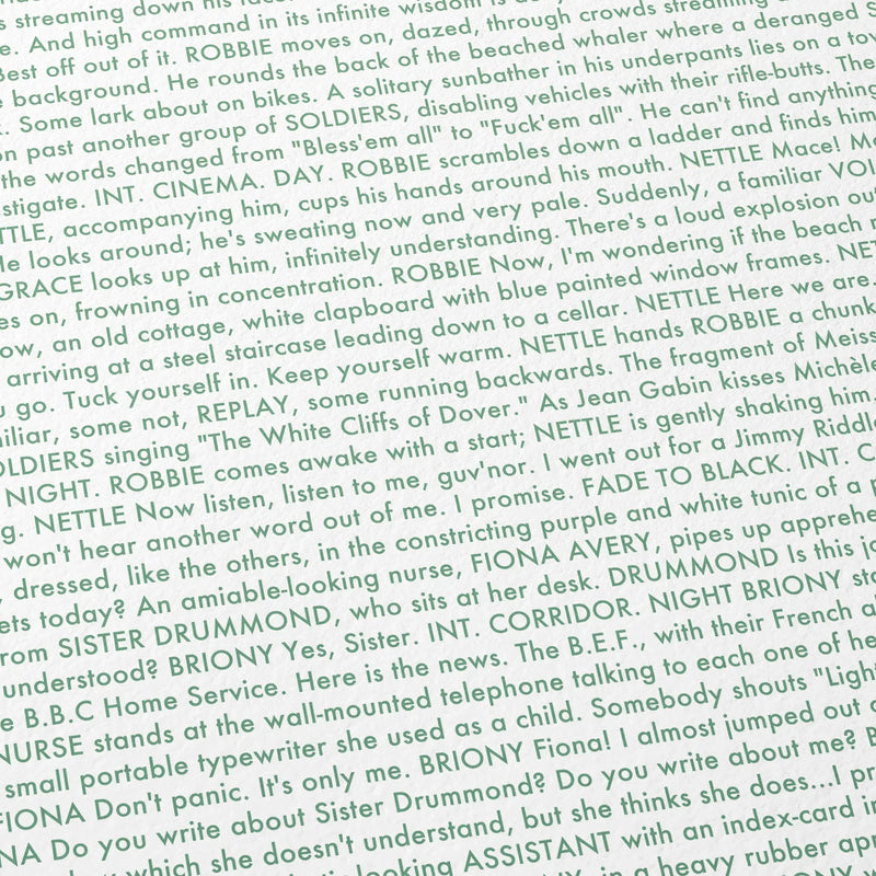 Close-up detail of the Atonement movie script poster showing dense typographic text.