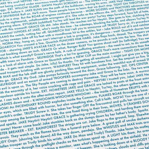 Close-up detail of the Avatar movie script poster showing dense typographic text.