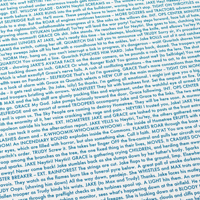 Close-up detail of the Avatar movie script poster showing dense typographic text.