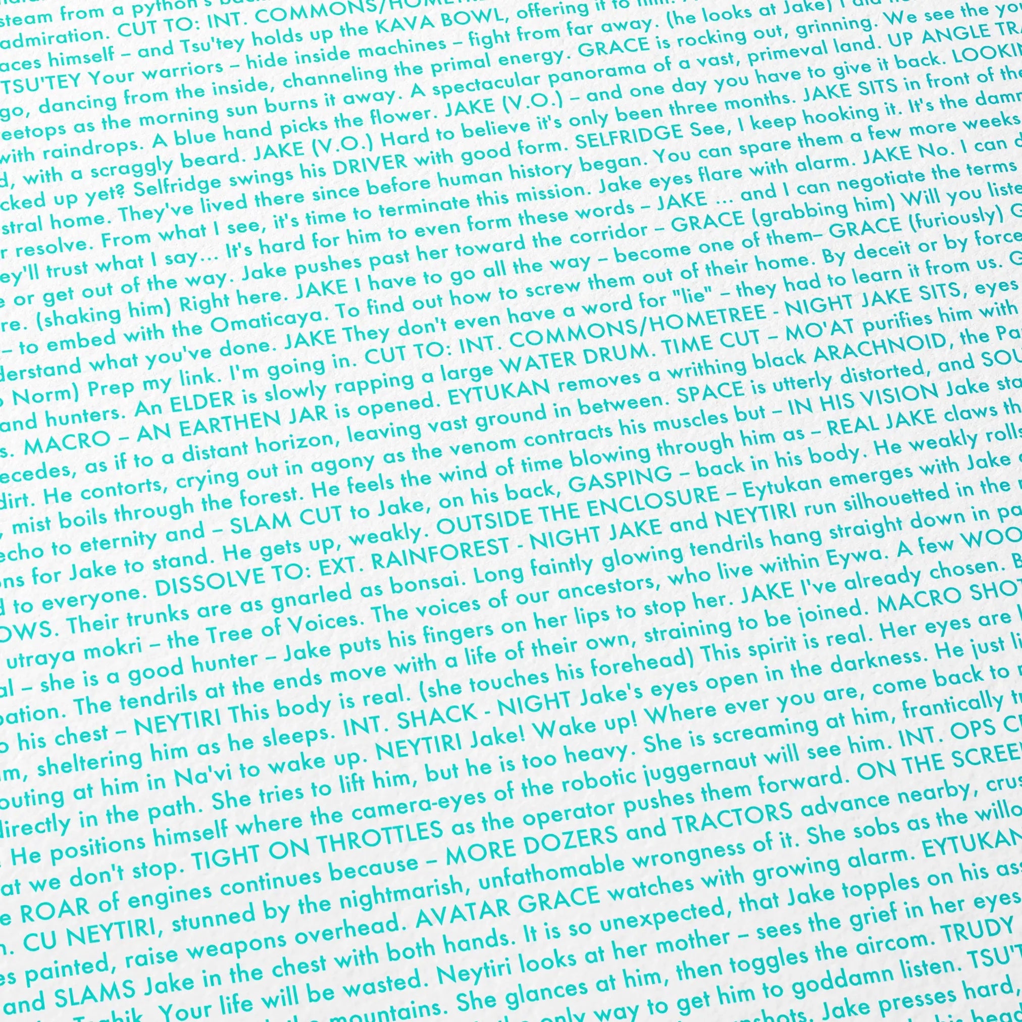 Close-up detail of the Avatar movie script poster showing dense typographic text.