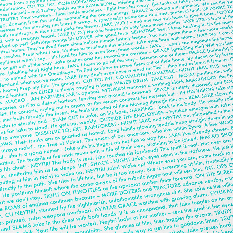 Close-up detail of the Avatar movie script poster showing dense typographic text.