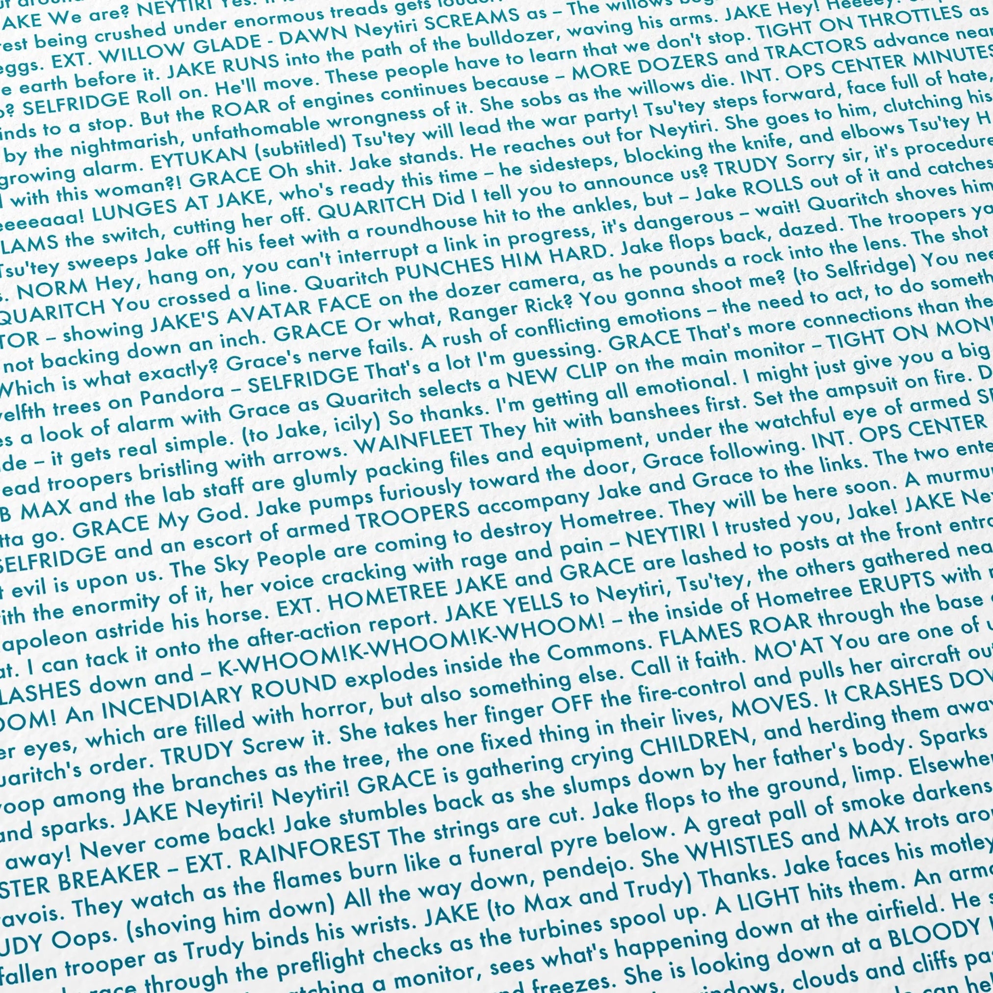 Close-up detail of the Avatar movie script poster showing dense typographic text.