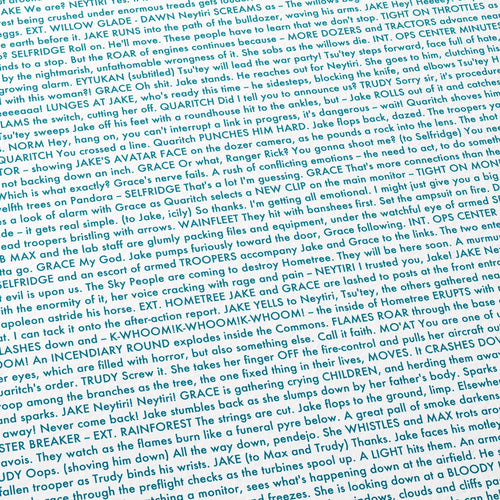 Close-up detail of the Avatar movie script poster showing dense typographic text.