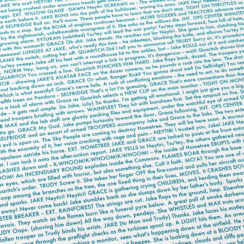Close-up detail of the Avatar movie script poster showing dense typographic text.
