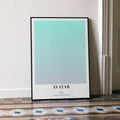 A framed Avatar movie script poster leaning against a wall in a minimalist interior.