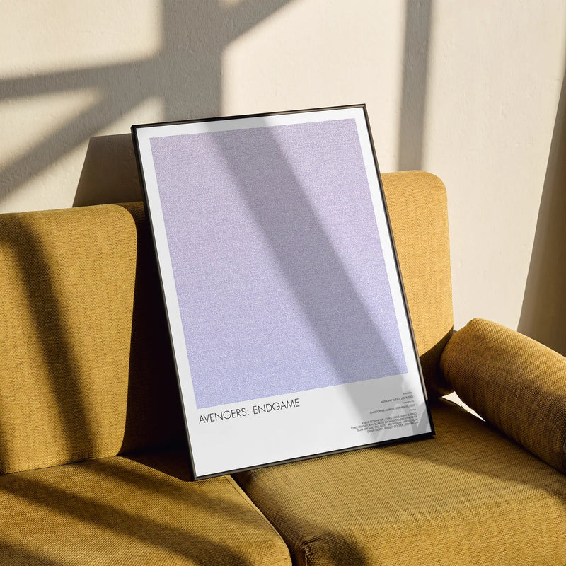 A framed Avengers: Endgame movie script poster styled in a clean interior setting.