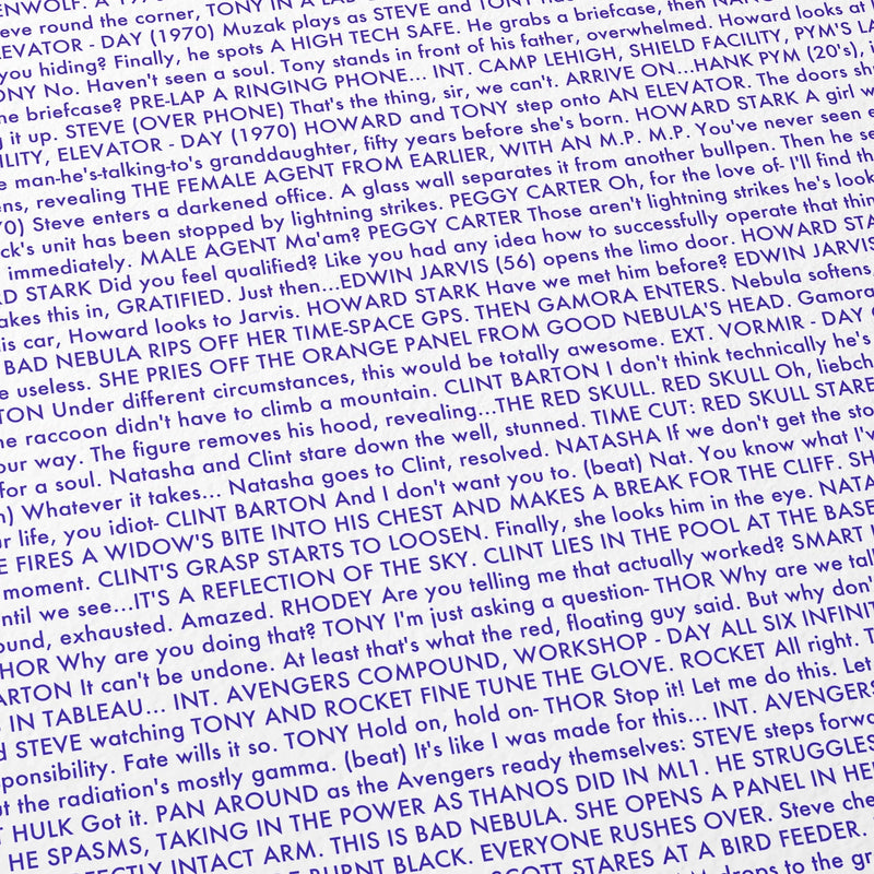 Close-up detail of the Avengers: Endgame movie script poster showing dense typographic text.