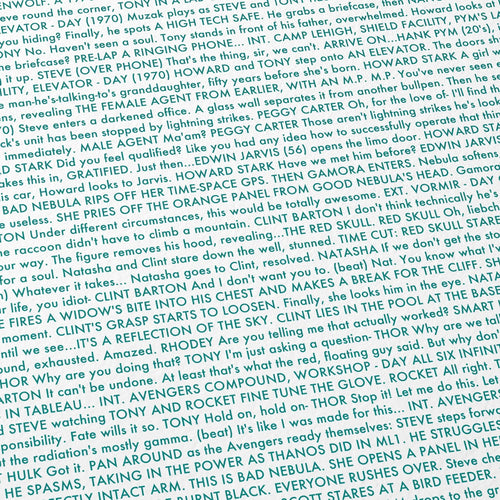 Close-up detail of the Avengers: Endgame movie script poster showing dense typographic text.
