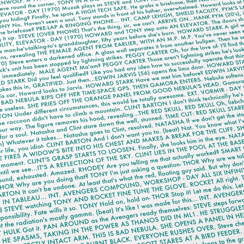 Close-up detail of the Avengers: Endgame movie script poster showing dense typographic text.