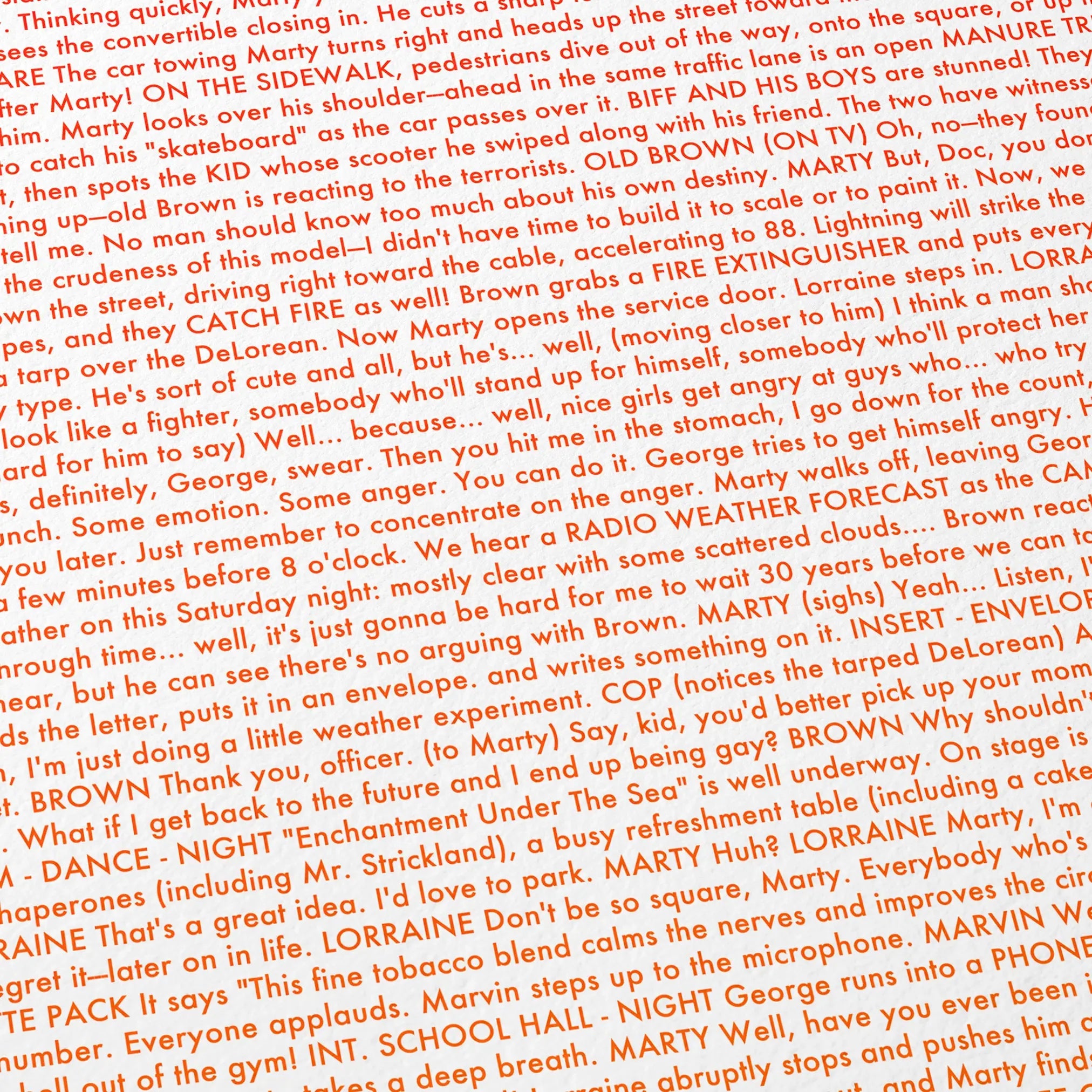 Close-up detail of the Back to the Future movie script poster showing dense typographic text.