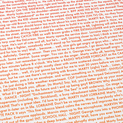 Close-up detail of the Back to the Future movie script poster showing dense typographic text.