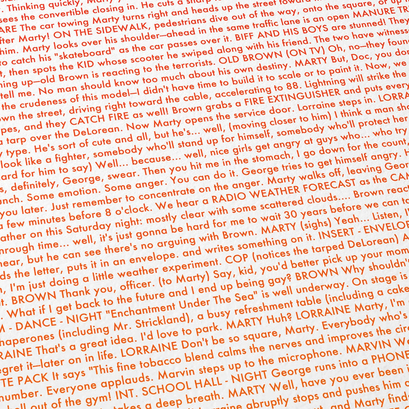 Close-up detail of the Back to the Future movie script poster showing dense typographic text.
