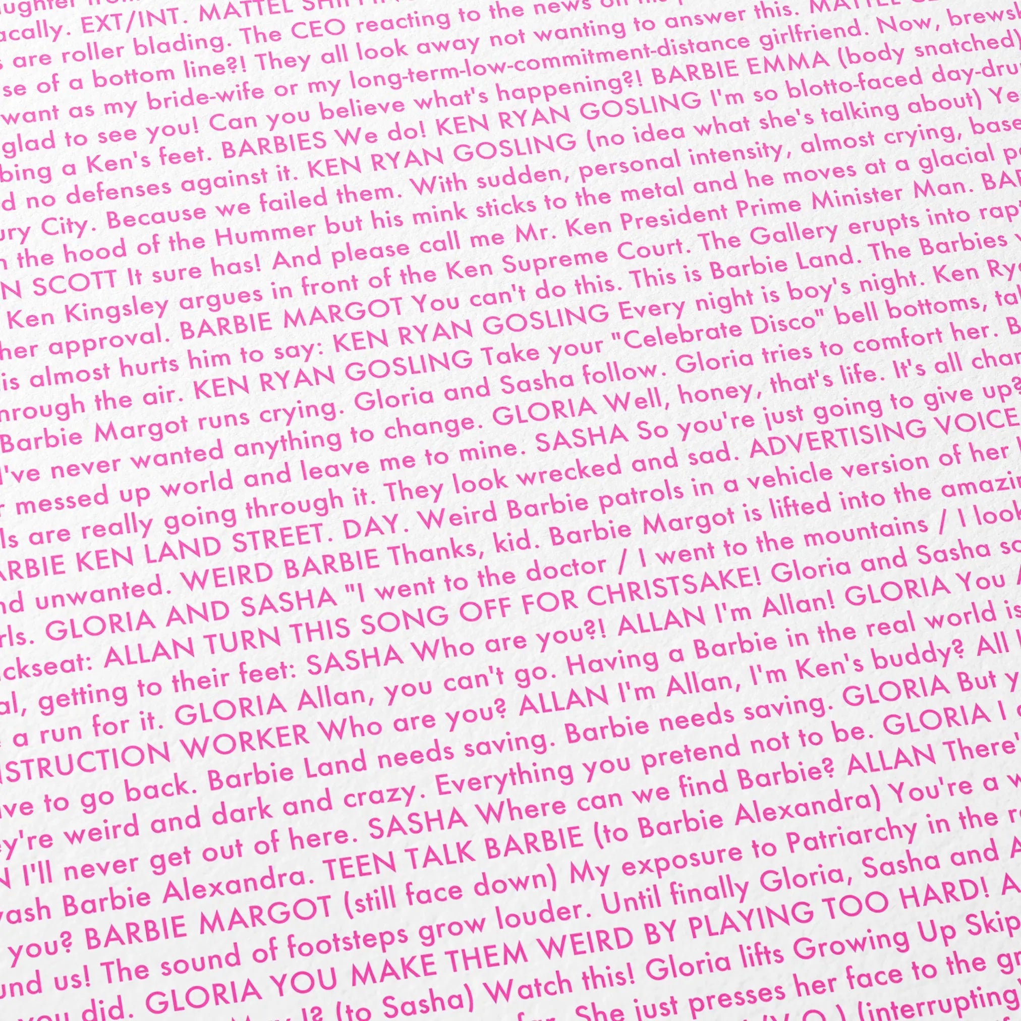 Close-up detail of the Barbie movie script poster showing dense typographic text.