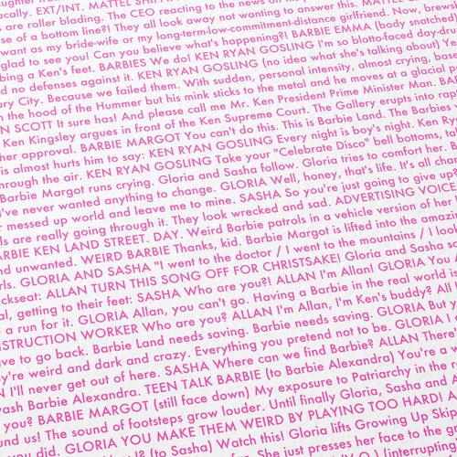 Close-up detail of the Barbie movie script poster showing dense typographic text.