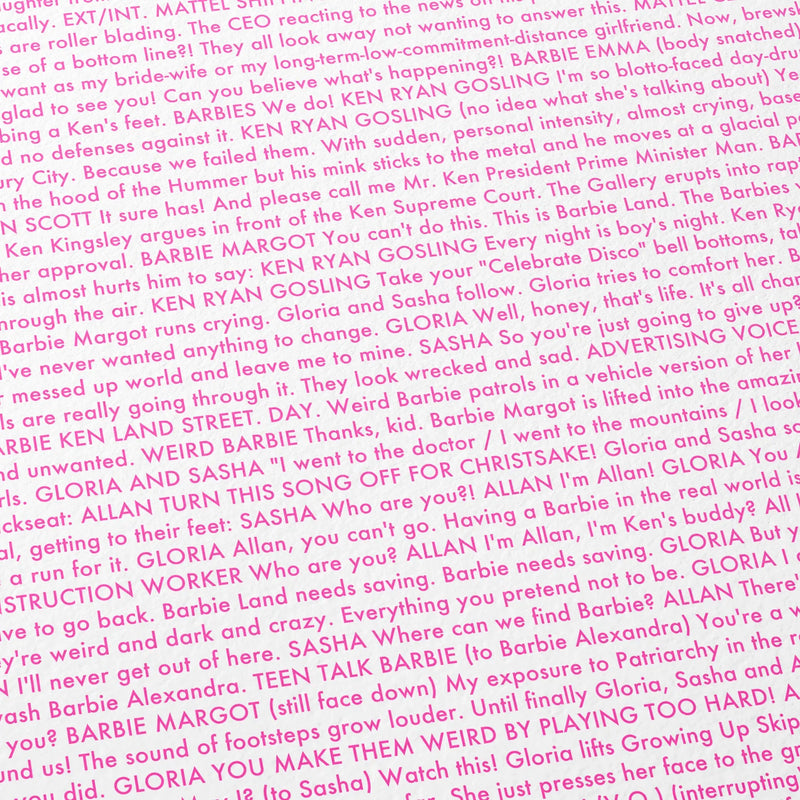 Close-up detail of the Barbie movie script poster showing dense typographic text.