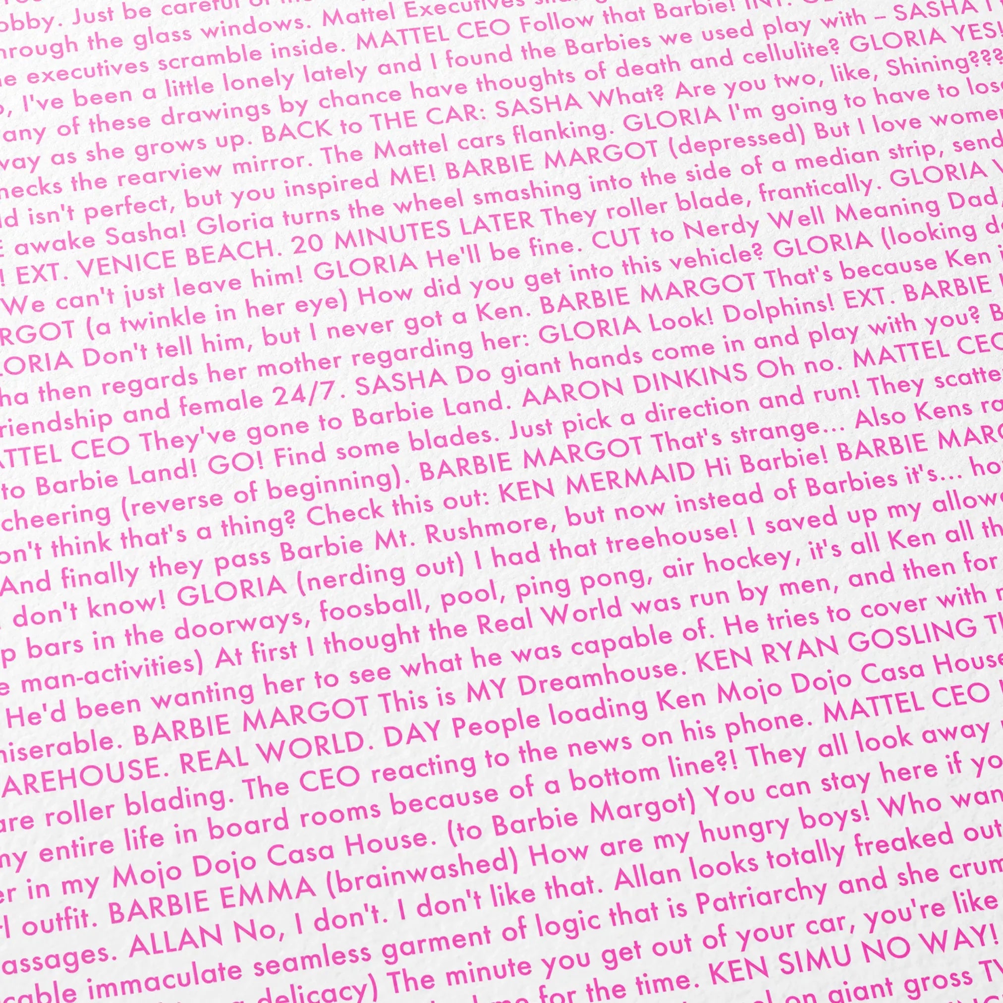 Close-up detail of the Barbie movie script poster showing dense typographic text.