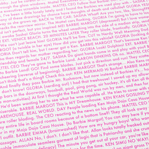Close-up detail of the Barbie movie script poster showing dense typographic text.
