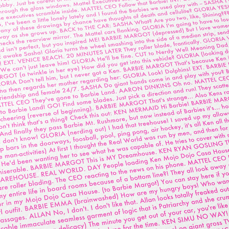Close-up detail of the Barbie movie script poster showing dense typographic text.