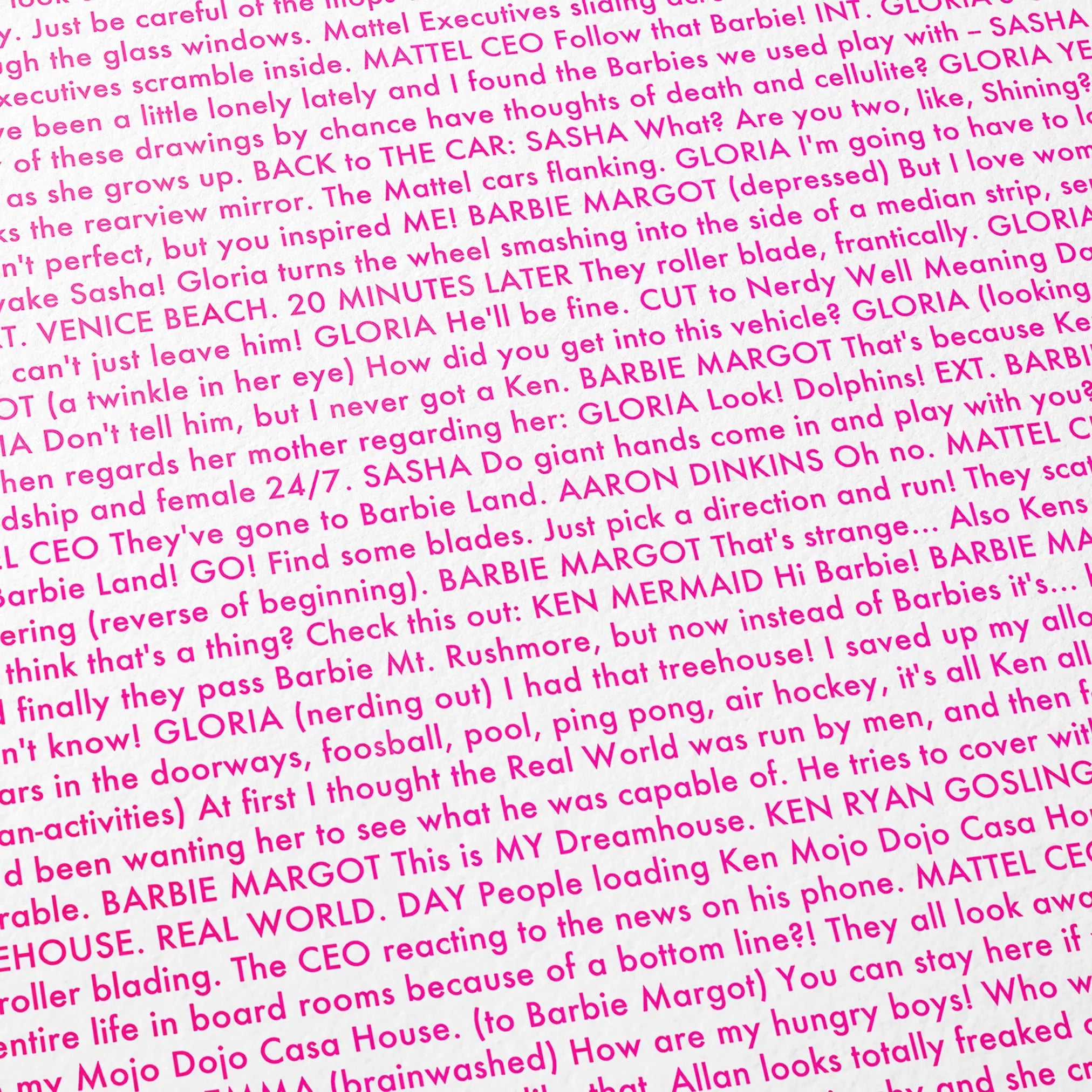 Close-up detail of the Barbie movie script poster showing dense typographic text.