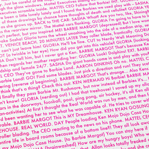 Close-up detail of the Barbie movie script poster showing dense typographic text.