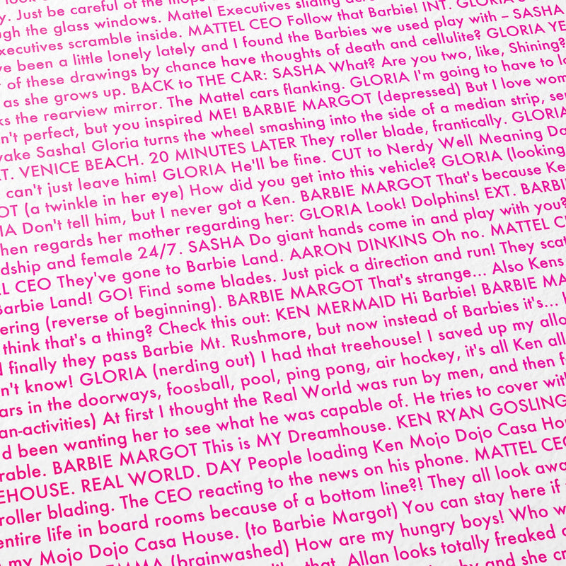 Close-up detail of the Barbie movie script poster showing dense typographic text.