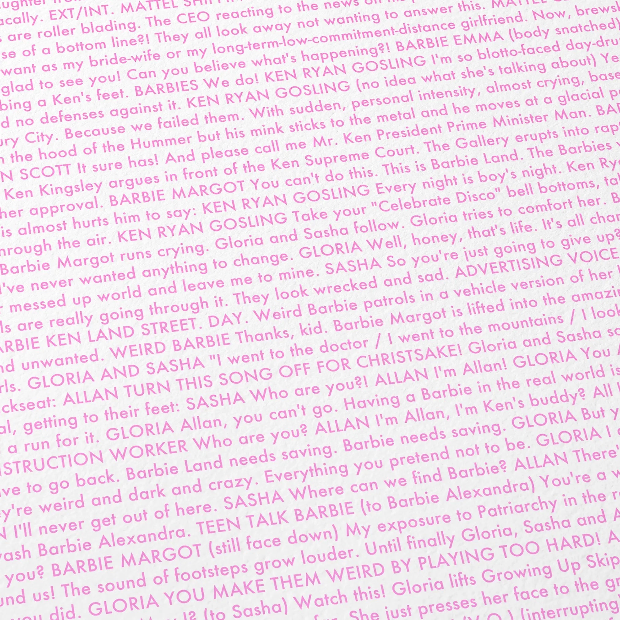 Close-up detail of the Barbie movie script poster showing dense typographic text.