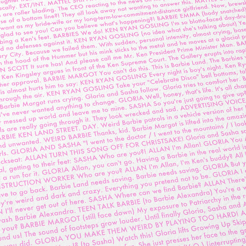 Close-up detail of the Barbie movie script poster showing dense typographic text.