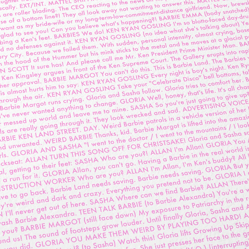 Close-up detail of the Barbie movie script poster showing dense typographic text.