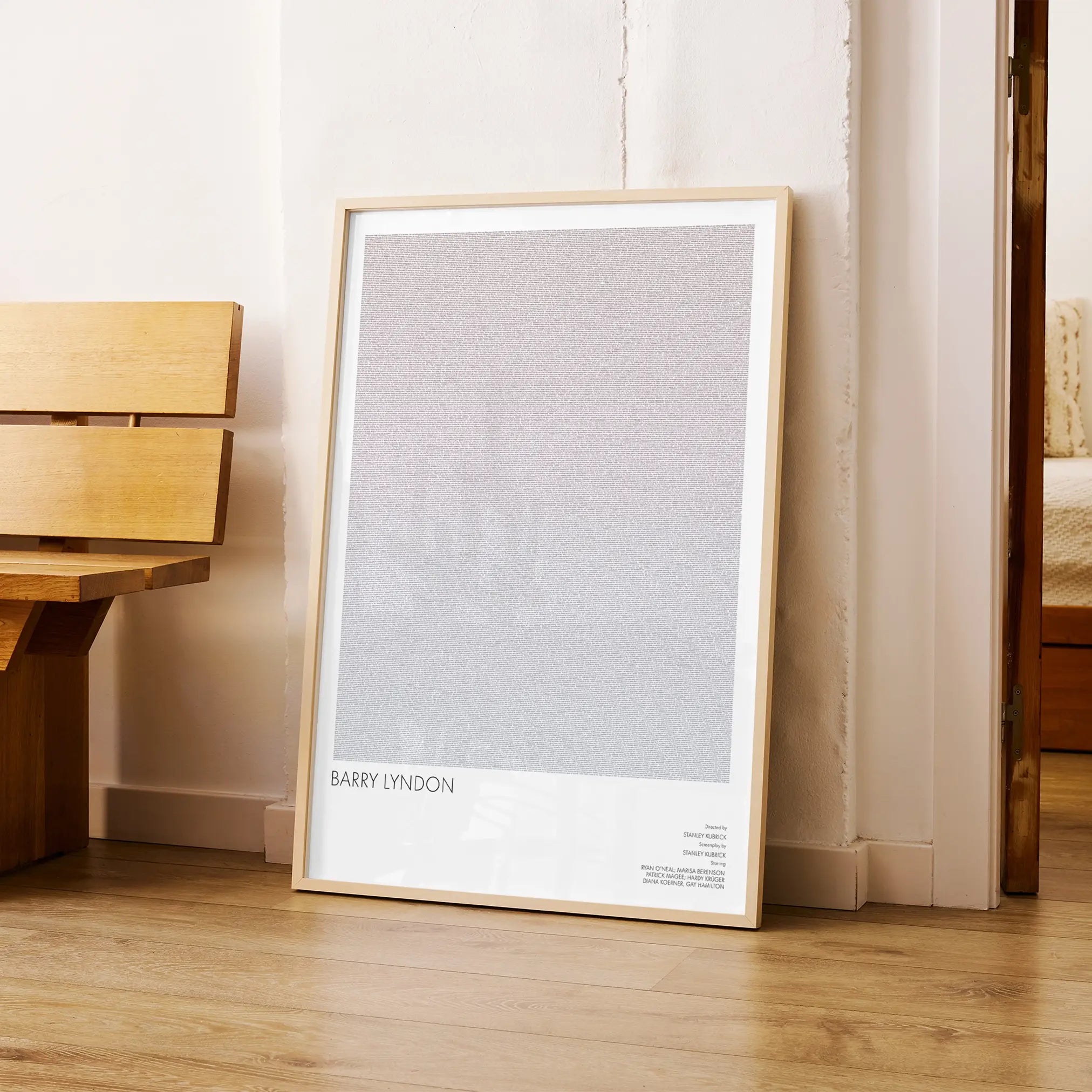 A framed Barry Lyndon movie script poster arranged in a minimalist interior setting.