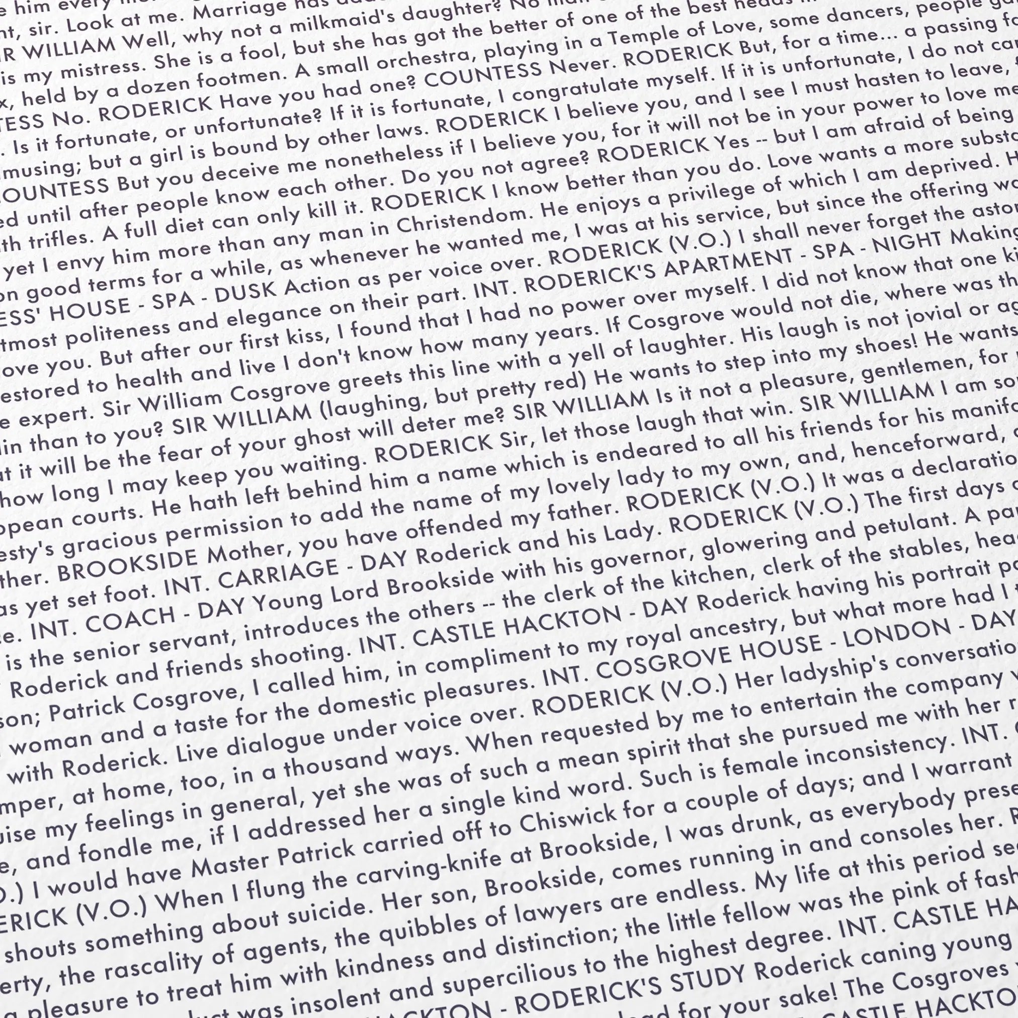 Close-up detail of the Barry Lyndon movie script poster showing dense typographic text.