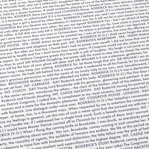 Close-up detail of the Barry Lyndon movie script poster showing dense typographic text.