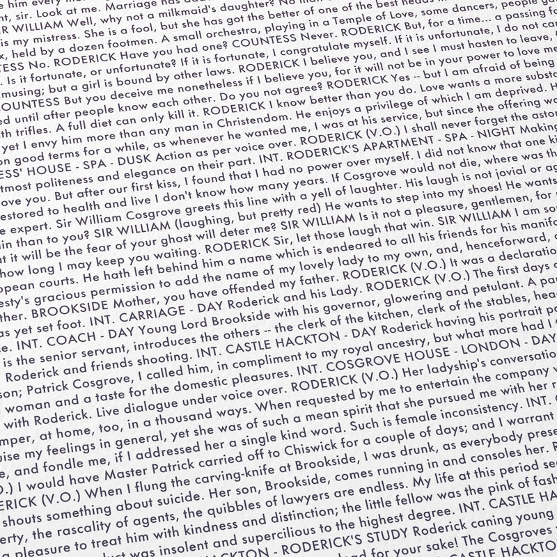 Close-up detail of the Barry Lyndon movie script poster showing dense typographic text.