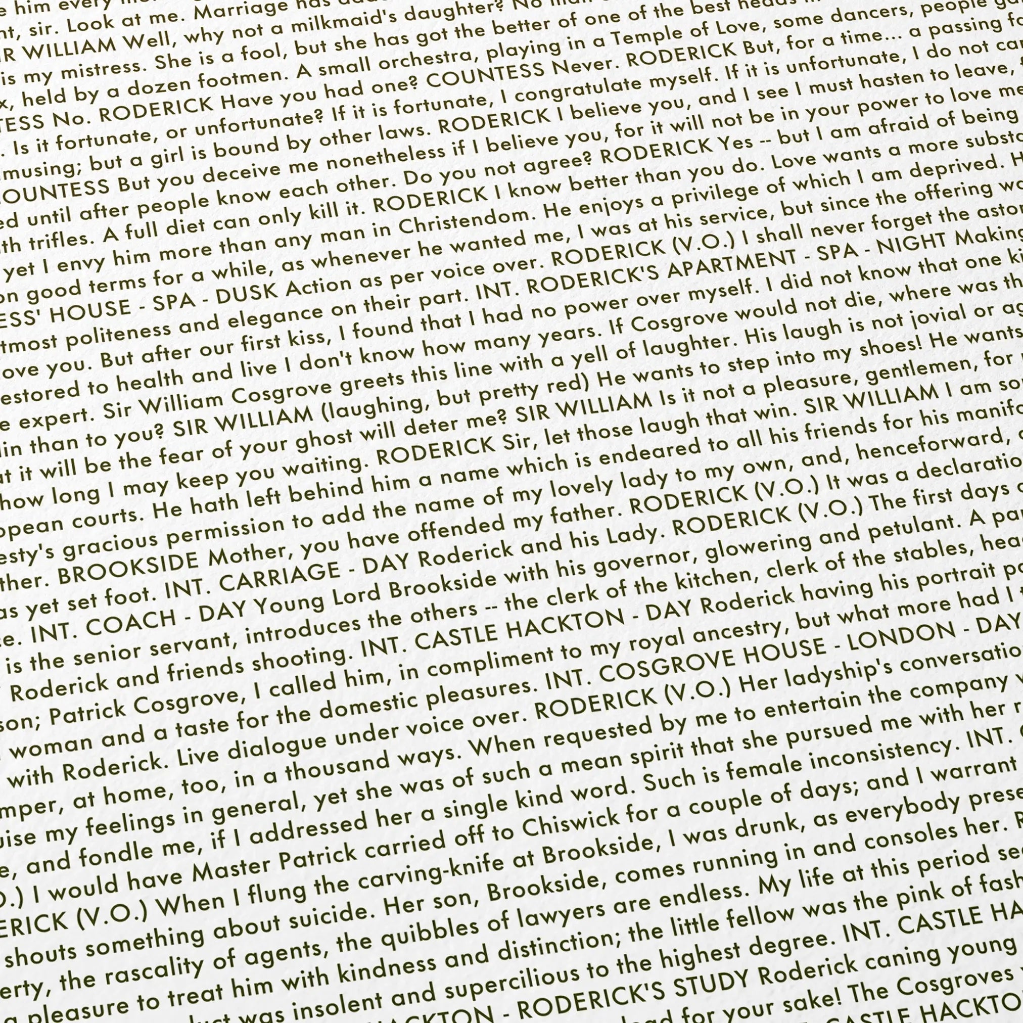 Close-up detail of the Barry Lyndon movie script poster showing dense typographic text.