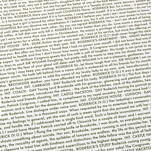 Close-up detail of the Barry Lyndon movie script poster showing dense typographic text.