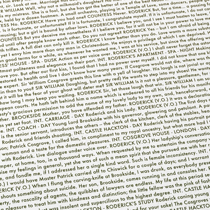 Close-up detail of the Barry Lyndon movie script poster showing dense typographic text.